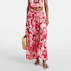 Poupette St Barth Carla Printed Satin Maxi Skirt Size XS Tassel Slit